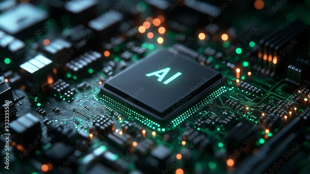 Obraz premium A glowing AI microchip embedded in a circuit board, representing the power, intelligence, and impact of modern technology and artificial intelligence