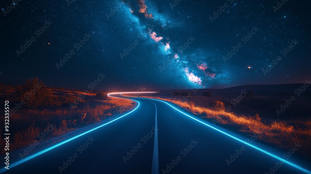 A night road illuminated by distant lights under a starry sky with the ...