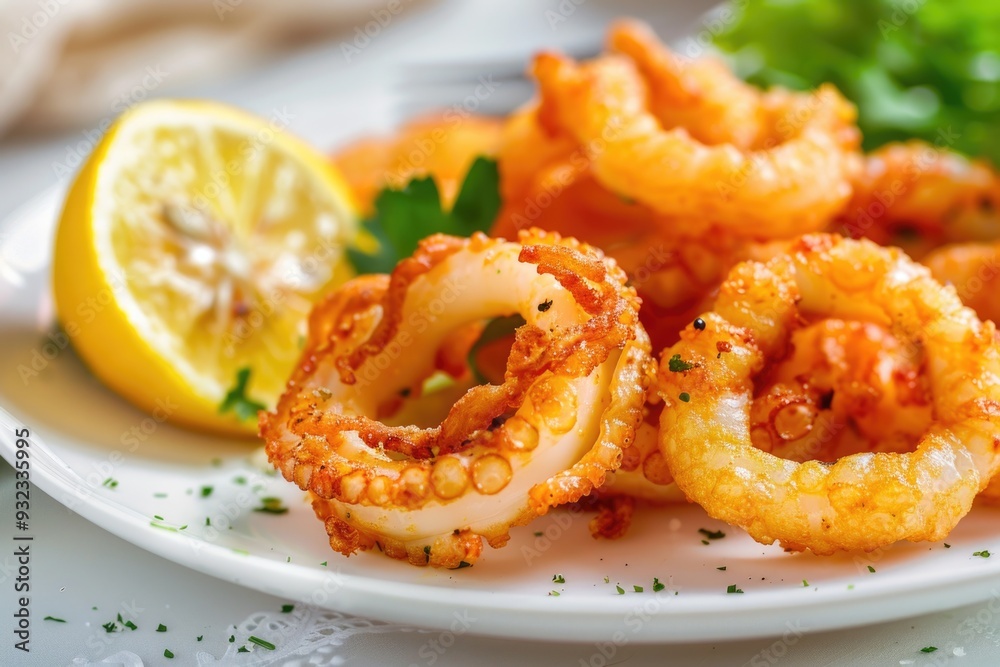 A dish of crispy fried octopus rings served on a white plate, perfect for seafood lovers and food photography A dish of crispy fried octopus rings served on a white plate, perfect for seafood lovers and food photography