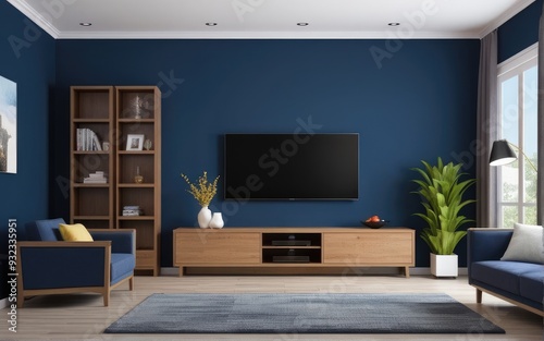 Modern interior of living room with tv on the cabinet on dark blue wall background