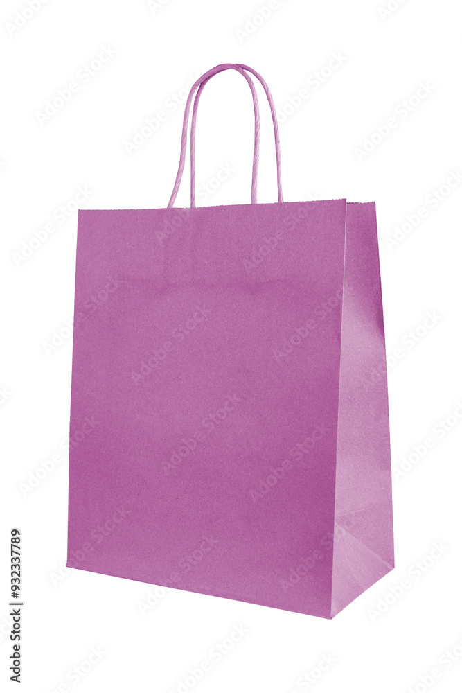 Blank pink craft paper bag for isolated on white, transparent background. Eco friendly shopping bag made from recycled paper, ecology, recycling concept. Mockup, template with copy space Blank pink craft paper bag for isolated on white, transparent background. Eco friendly shopping bag made from recycled paper, ecology, recycling concept. Mockup, template with copy space