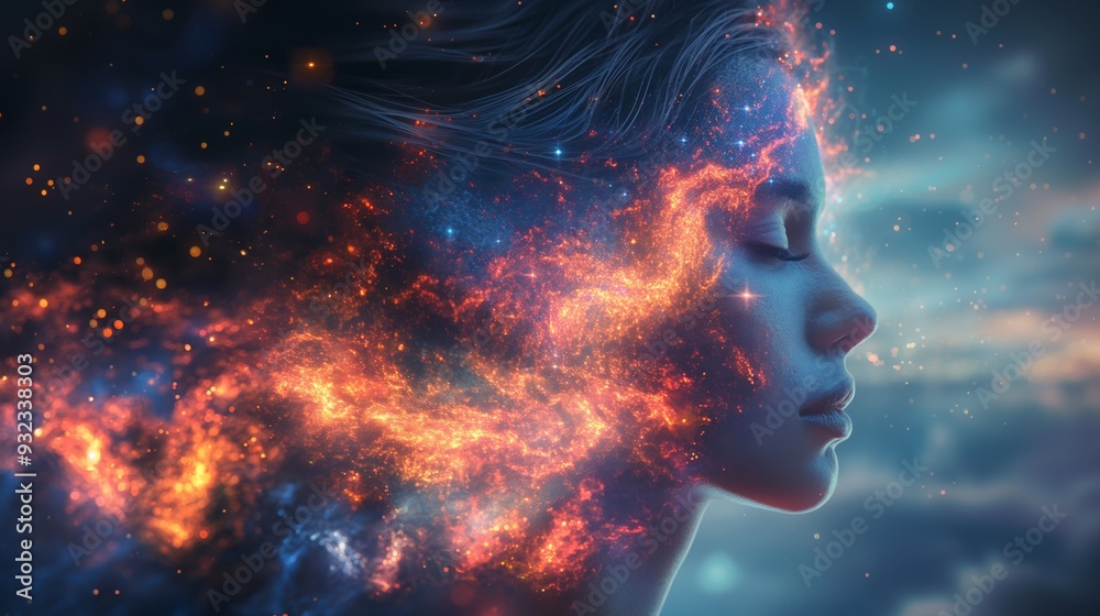 Surreal image of a woman's profile blending with the cosmos representing imagination, dreams, and a deep connection to the universe in an ethereal, cosmic art style Surreal image of a woman's profile blending with the cosmos representing imagination, dreams, and a deep connection to the universe in an ethereal, cosmic art style