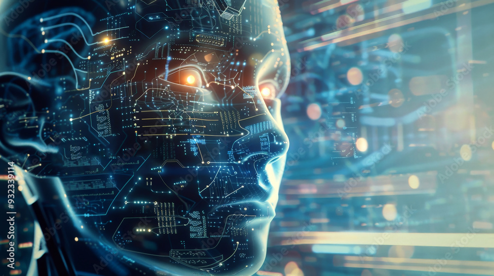 A humanoid robot's head showcases glowing circuitry against a vibrant backdrop, symbolizing advanced technology and artificial intelligence A humanoid robot's head showcases glowing circuitry against a vibrant backdrop, symbolizing advanced technology and artificial intelligence