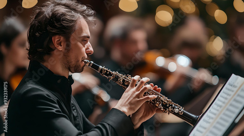 Close-up of a male oboist intensely playing during a classical music concert, with a blurred orchestra in the background.