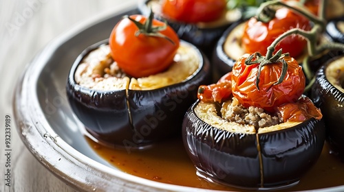 Hearty plate of karnyark stuffed eggplants filled with minced meat and topped with tomatoes photo