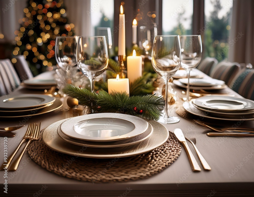 A festive holiday table setting with elegant dinnerware, candles, and seasonal decorations