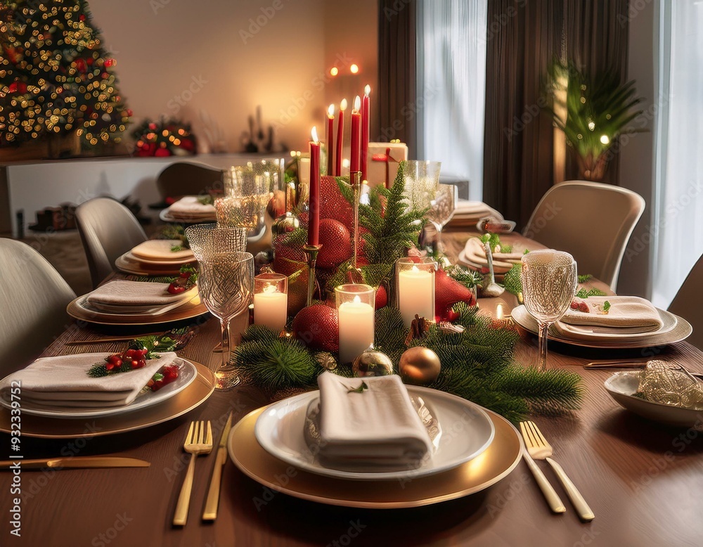 Fototapeta premium A festive holiday table setting with elegant dinnerware, candles, and seasonal decorations