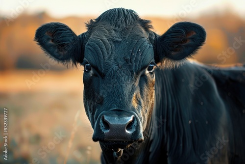 A close-up view of a black cow grazing in a green meadow