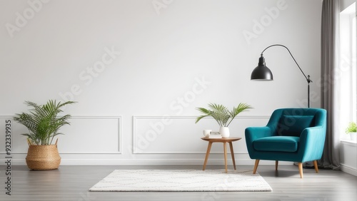 Fototapeta Naklejka Na Ścianę i Meble -  Interior of a bright living room with armchair on empty white wall background