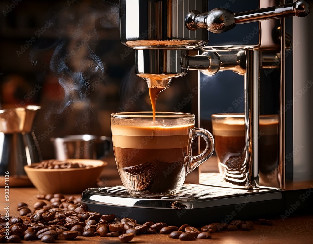 A gourmet coffee setup with a steaming espresso shot being pulled from a sleek espresso A gourmet coffee setup with a steaming espresso shot being pulled from a sleek espresso