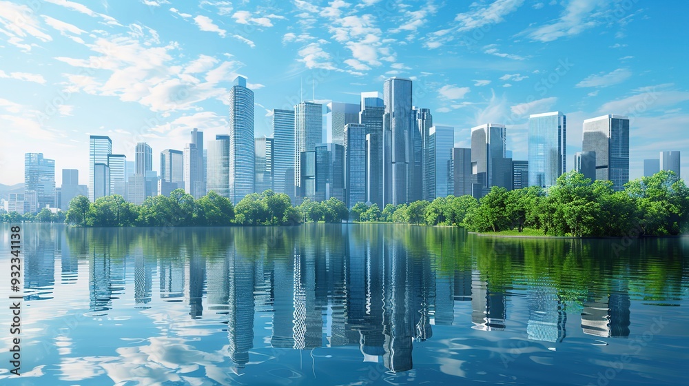 Fototapeta premium A vibrant city skyline reflected in a serene lake, showcasing modern architecture and nature.