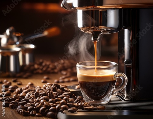 A gourmet coffee setup with a steaming espresso shot being pulled from a sleek espresso