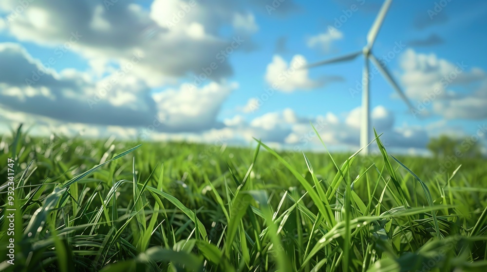 Obraz premium A lush green field with a wind turbine against a bright, cloudy sky.