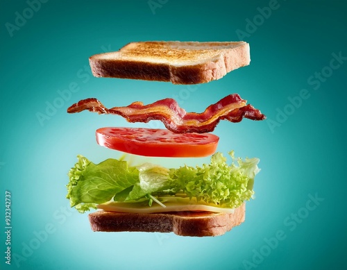 A levitating sandwich, with each layer floating separately- crispy bacon, fresh lettuce photo