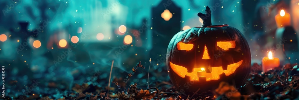Mysterious Jack o' Lantern in an Evening Graveyard Mysterious Jack o' Lantern in an Evening Graveyard