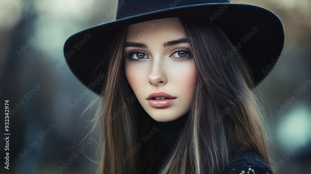 close-up of a young, attractive, stylish woman with long hair and a black hat. Beauty and fashion for women. Outside close-up of a young, attractive, stylish woman with long hair and a black hat. Beauty and fashion for women. Outside