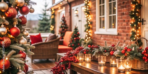 A serene and cozy porch setting, adorned with a beautifully lit Christmas tree and festive decorations, creating a welcoming atmosphere for the holiday season. photo