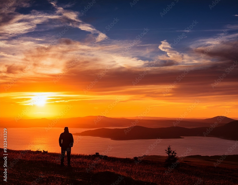 Obraz premium A lone figure silhouetted against a vibrant sunset, contemplating the horizon.