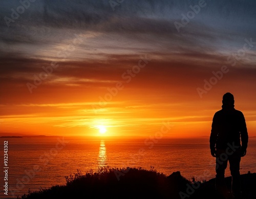 A lone figure silhouetted against a vibrant sunset, contemplating the horizon.