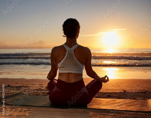 A meditative scene of a yoga session at dawn, with a person in a seated pose on a beach