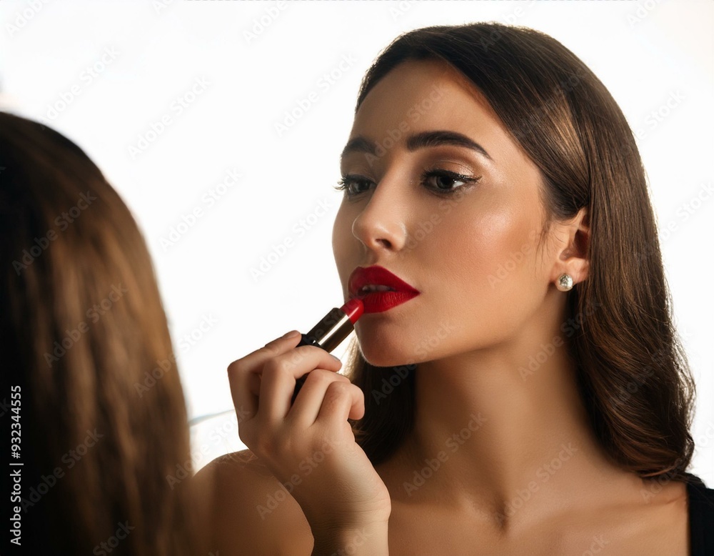 A model applying lipstick in front of a softly lit vanity mirror, capturing the elegance A model applying lipstick in front of a softly lit vanity mirror, capturing the elegance