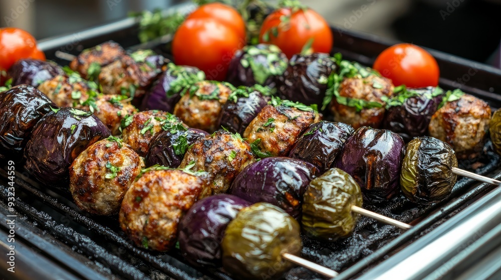 Meatballs and eggplant in a Turkish Kebab. Freshly cooked eggplant kebabs cooked over a barbecue with tomatoes. Middle Eastern cooking Meatballs and eggplant in a Turkish Kebab. Freshly cooked eggplant kebabs cooked over a barbecue with tomatoes. Middle Eastern cooking