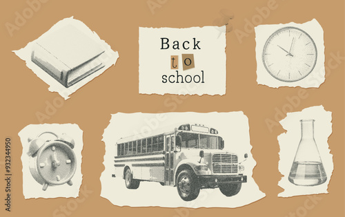 Vintage dotted halftone set. Y2K photocopy effect, anti-design, mixed media collage. Grunge stipple texture. Back to school. School bus, clock, book, and flask. Torn paper background, retro vibe.