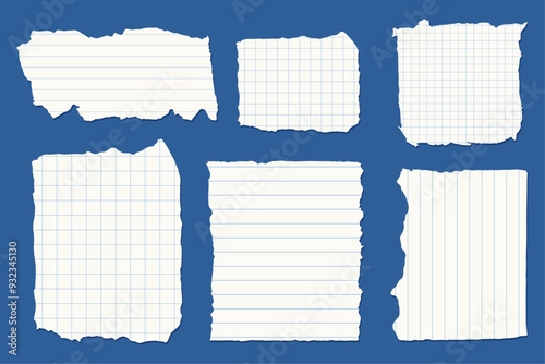 Set of torn paper sheets with different types of lines and grids.  Perfect for scrapbooking, digital collages, note-taking designs, or any creative project needing a raw, handmade feel.