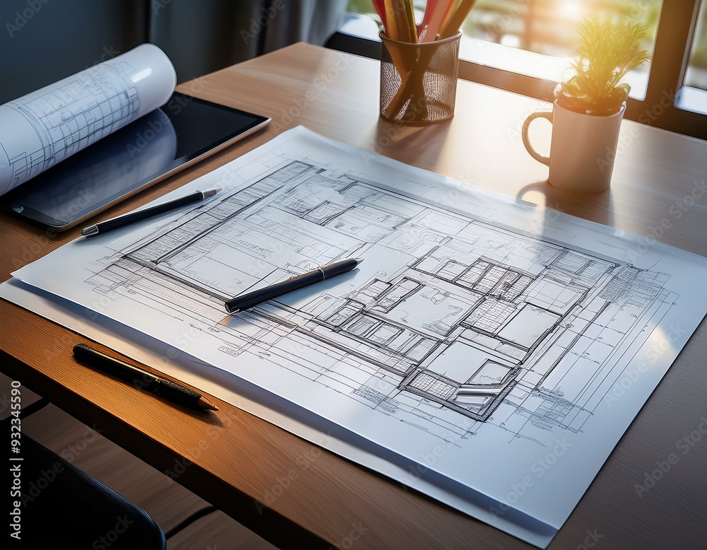A professional workspace with a tablet, stylus, and architectural blueprints A professional workspace with a tablet, stylus, and architectural blueprints