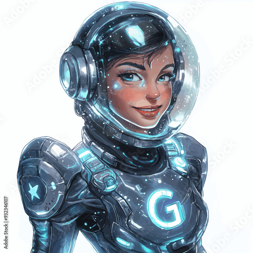 vector: A woman with a confident smile, wearing a space-themed suit with silver and blue accents