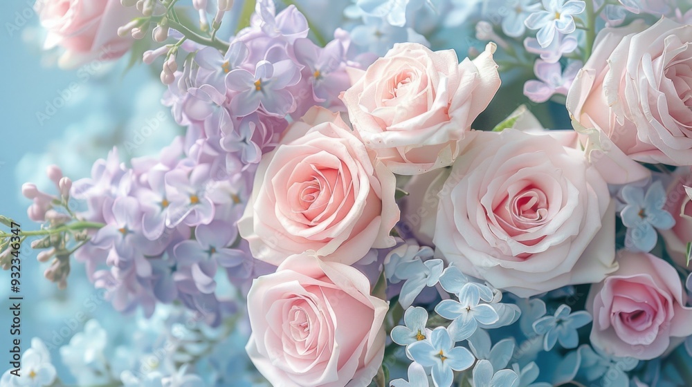 A beautiful arrangement of pink and blue flowers in a vase, perfect for decorating a table or desk A beautiful arrangement of pink and blue flowers in a vase, perfect for decorating a table or desk
