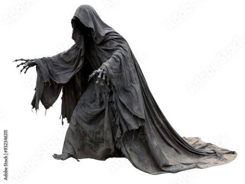 A haunting image of a hooded ghostly figure in dark, tattered robes, reaching out with skeletal hands. Perfect for Halloween themes.