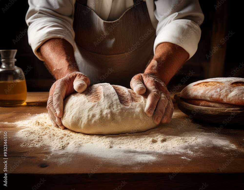 Fototapeta premium A rustic bread-making scene, with flour-dusted hands kneading dough on a wooden table