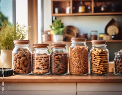 A selection of natural, organic pet treats in glass jars, displayed on a wooden counter with