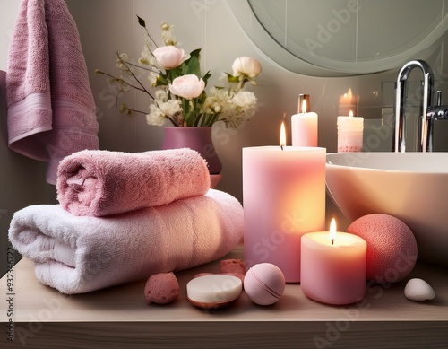 A serene bathroom scene with luxury bath products like bath bombs, candles, and fluffy towel photo