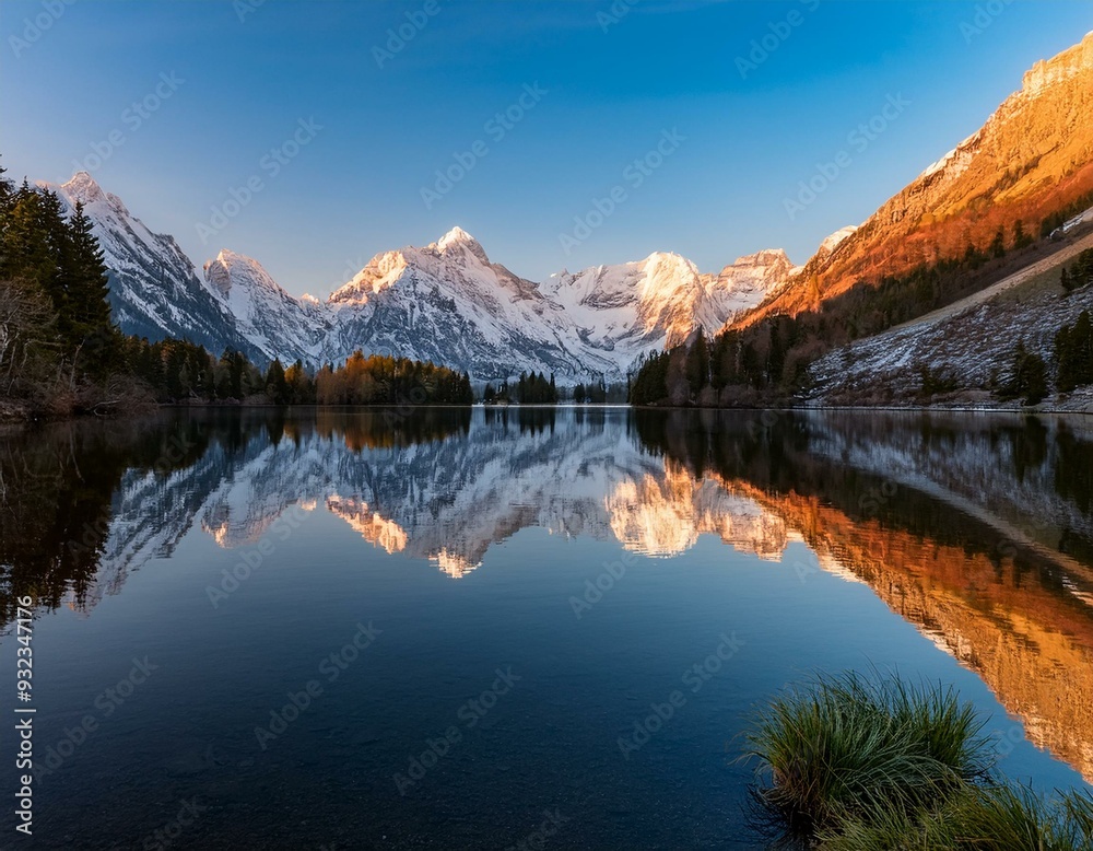 Obraz premium A serene mountain lake reflecting the snow-capped peaks at dawn.