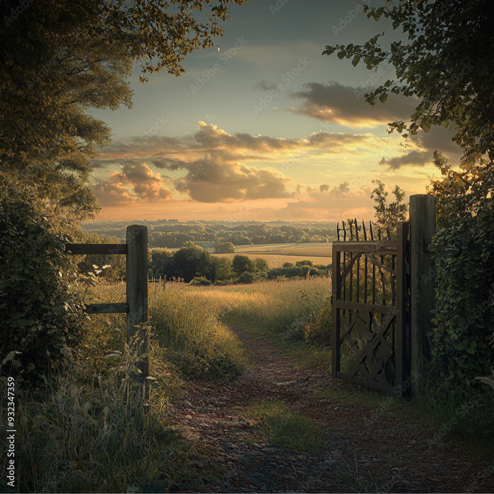 Obraz premium rural country view looking thorugh a gateway at sunset