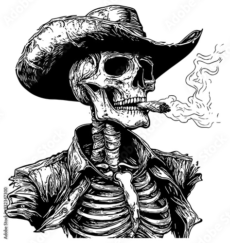 Skeleton cowboy smoking a cigar, illustration in black, isolated 