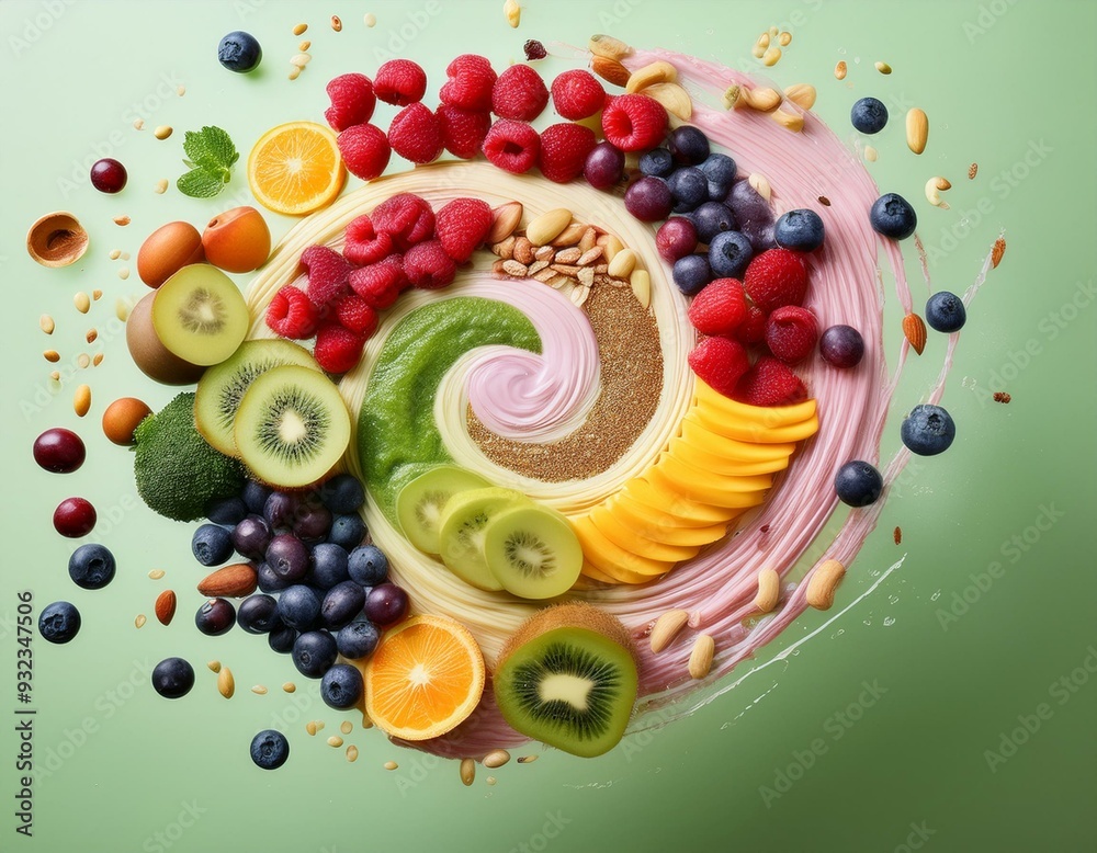 A spiral of vibrant smoothie ingredients floating in mid-air before blending, with layers A spiral of vibrant smoothie ingredients floating in mid-air before blending, with layers