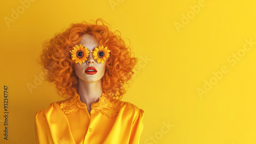 A unique and unusual minimalist portrait of a beautiful and confident girl with curly orange hair, wearing glasses made from a sunflower, against a monochromatic background