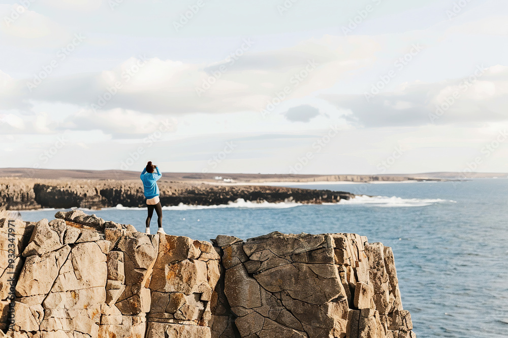 Fototapeta premium Hiker overlooking rugged coastline at sunset