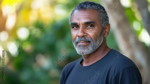 middle aged Guyanese man enjoying a sunny day outdoors in a lush green setting