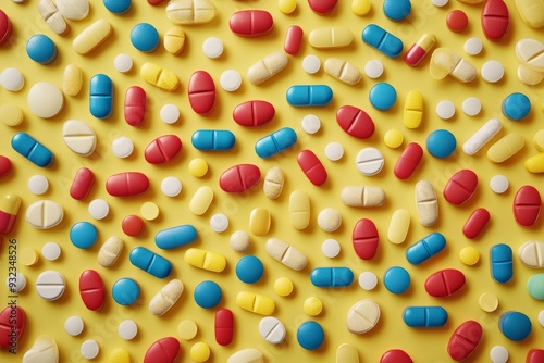 Dynamic and chaotic scattering of various colorful pills and capsules on a bright background symbolizing the diversity and complexity of modern healthcare