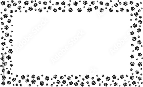 Rectangular pet paw print frame with blank space for text and images. Black silhouette track of dog or cat paw prints. Frame with paw prints of pets for decoration of shop windows, websites, etc