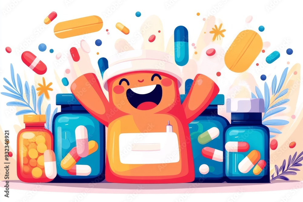 Energetic and lively scene of pill bottles and capsules in a dynamic pattern set against a bright orange background representing the vitality and effectiveness of modern healthcare Energetic and lively scene of pill bottles and capsules in a dynamic pattern set against a bright orange background representing the vitality and effectiveness of modern healthcare