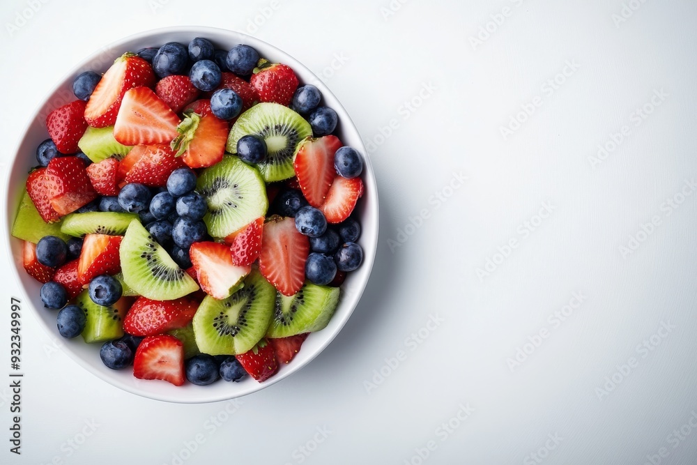 A colorful mix of fresh strawberries, blueberries, and kiwi slices fills a bowl, showcasing a nutritious and appealing fruit salad A colorful mix of fresh strawberries, blueberries, and kiwi slices fills a bowl, showcasing a nutritious and appealing fruit salad