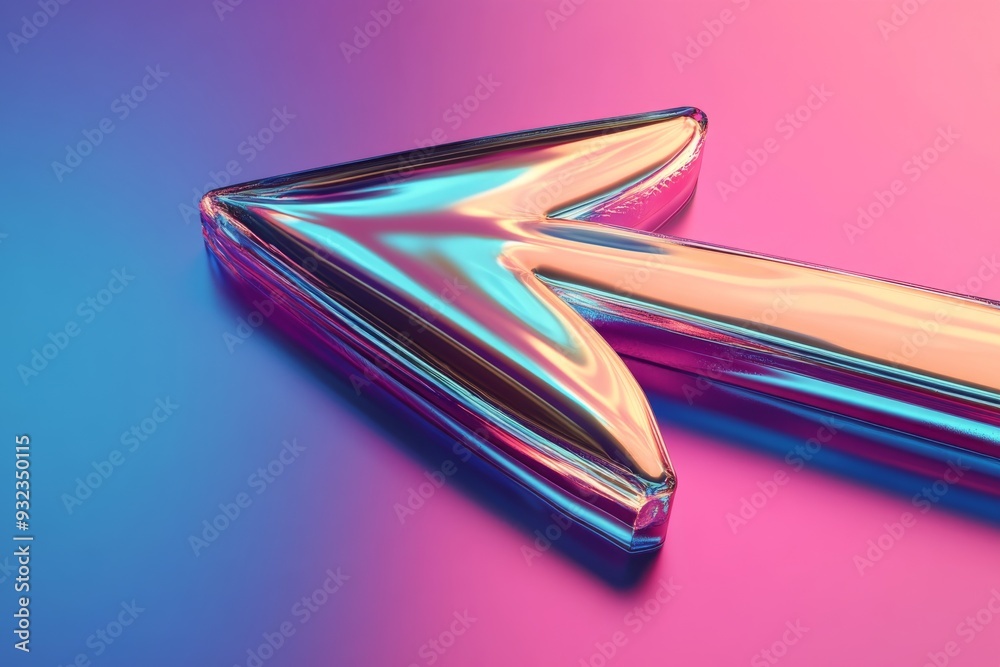 A fluid chrome arrow icon reflects light with a holographic finish, set against a vibrant pink and blue background, enhancing its modern design A fluid chrome arrow icon reflects light with a holographic finish, set against a vibrant pink and blue background, enhancing its modern design