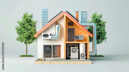 A cutaway illustration of a house showcasing various HVAC systems and energy solutions.