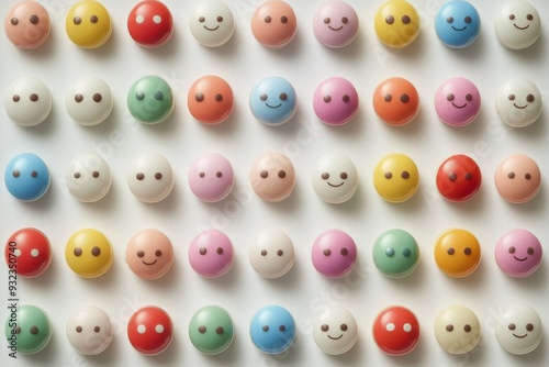 Cheerful and minimalistic illustration of rows of colorful capsule characters each with a smiling face arranged neatly on a beige background symbolizing positivity and organization in healthcare