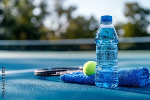A sports water bottle and blue towel rest on a tennis court, accompanied by a racket and tennis ball under bright afternoon sunlight photo